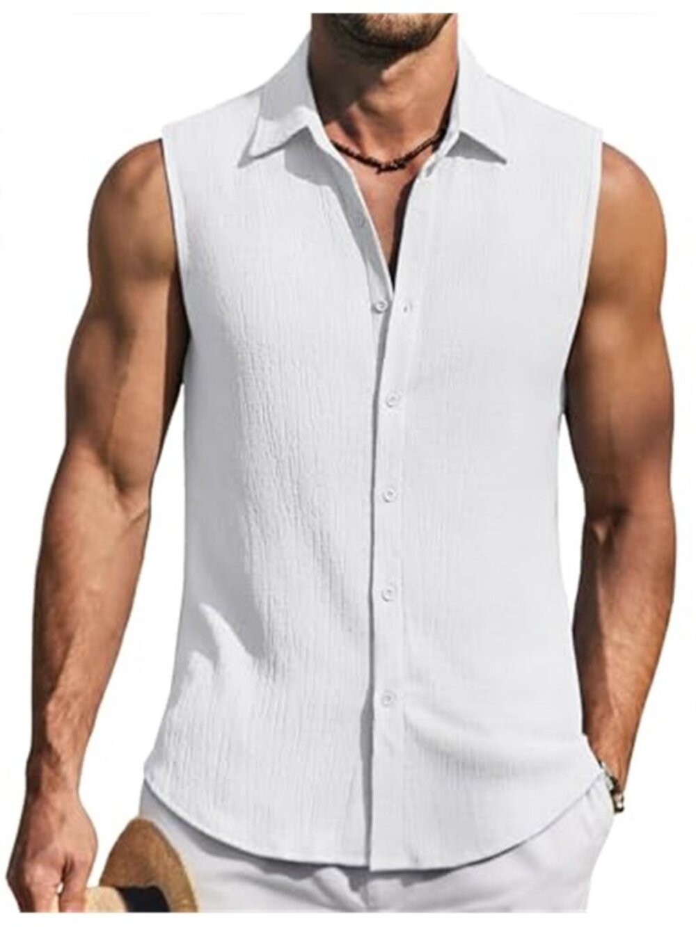 Men's Summer Sleeveless Shirts Beach Knit Tank Top Button Up Casual